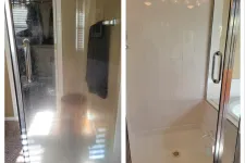 Thumbnail for Comparison of a foggy, dirty shower door and the same door clean and clear after cleaning.