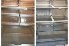 Thumbnail for Side-by-side image showing two empty refrigerator interiors with shelves and drawers.