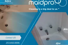 Thumbnail for Before and after bathtub cleaning showing restored white tub with MaidPro cleaning service branding.