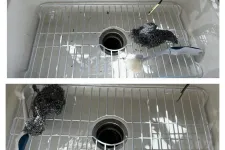 Thumbnail for Two kitchen sinks with metal grids, scrub brushes, and steel wool pads, showing before and after cleaning stages.