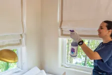 Thumbnail for Woman wearing gloves spraying cleaning solution on window blinds in bright room with green plants outside.