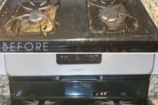 Thumbnail for Before and after images of a gas stove showing a dirty stove cleaned by MaidPro Chicago