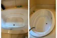 Thumbnail for Side-by-side comparison of a dirty bathtub before and clean bathtub after deep cleaning in a bathroom.