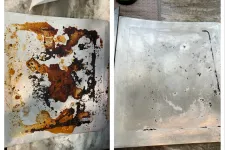 Thumbnail for Side-by-side comparison of a dirty, burnt baking tray and the same tray cleaned with some residue remaining.