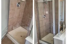 Thumbnail for Comparison of shower stall before and after cleaning, showing tiled walls, showerhead, and glass door.