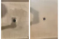 Thumbnail for Side-by-side comparison of a dirty shower floor with stains and the same floor cleaned to a spotless condition.