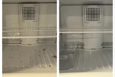 Thumbnail for Side-by-side comparison of an empty refrigerator shelf before and after cleaning, showing dirt removal.