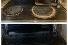 Thumbnail for Before and after images of a glass stovetop showing heavy dirt and stains cleaned to a glossy finish.