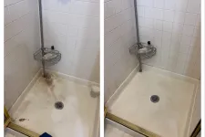 Thumbnail for Side-by-side shower stall images showing before and after cleaning with removed dirt and grime on floor.