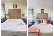 Thumbnail for Before and after of a bedroom with a made bed featuring patterned headboard, pillows, and coral throw blanket.