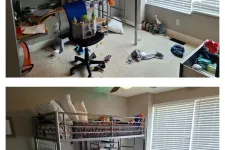 Thumbnail for Before and after photos of a child bedroom with a loft bed, desk, and chair tidied and cleaned up.