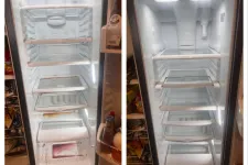 Thumbnail for Side-by-side comparison of a dirty and clean empty refrigerator interior with glass shelves and door compartments cleaned by the pros at MaidPro
