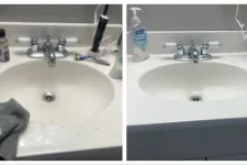 Thumbnail for before and after images of a bathroom sink from a house cleaning service done by MaidPro Denver 