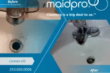 Thumbnail for Before and after images of a cleaned sink faucet and basin showing MaidPro cleaning service results.