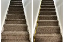 Thumbnail for Side-by-side images of carpeted stairs, one plain and one with a yellow cable running along the left side.