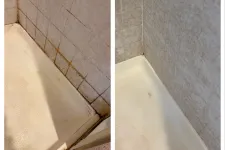 Thumbnail for Before and after images showing a bathtub corner with heavy mold and grime cleaned to a spotless condition by MaidPro Denver