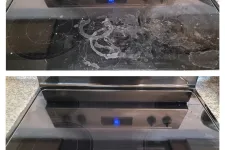 Thumbnail for Before and after images of a black glass stovetop showing heavy stains and a fully cleaned surface cleaned by the professionals at MaidPro Arvada