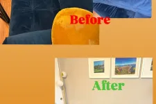 Thumbnail for Before and after images showing cleaning and restoration of a deep blue velvet sofa with colorful cushions.