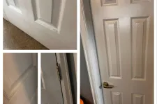 Thumbnail for Collage showing a white interior door with scuffed edges, door hinge, and a polished brass handle.