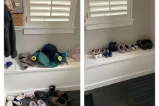 Thumbnail for Before and after photos of a mudroom bench area cluttered with shoes and jackets, then neatly organized by MaidPro