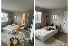 Thumbnail for Before and after images of a child's bedroom showing a messy room cleaned and organized with toys on the bed.