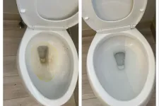 Thumbnail for Side-by-side comparison of a toilet bowl before and after thorough cleaning, showing stained and clean surfaces.