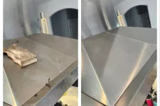 Thumbnail for Side-by-side image showing a dusty metal surface before and a clean metal surface after cleaning.
