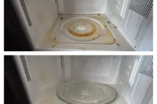Thumbnail for Before and after images of a microwave interior showing heavy stains cleaned to a spotless condition.