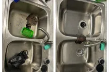 Thumbnail for Side-by-side comparison of a kitchen sink before and after cleaning with debris removed and surface shiny.