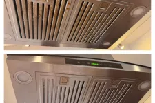 Thumbnail for Comparison of a dirty and cleaned stainless steel kitchen range hood filter and vent panel.