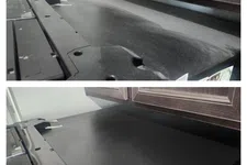 Thumbnail for Before and after images of a black stove top showing heavy dust cleaned to a smooth, clean surface.