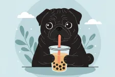 Thumbnail for Adorable black pug sipping bubble tea with a pastel background and green leaves around.