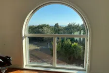 Thumbnail for Arched window with white frame overlooking trees and blue sky with sunlight casting shadows on hardwood floor.