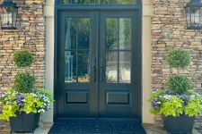 Thumbnail for Arched black double front doors with transom