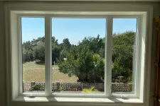 Thumbnail for View through a large three-panel window showing trees, bushes, and a clear blue sky outside a fenced yard.