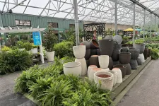 Thumbnail for Large variety of ceramic and stone garden pots displayed in a spacious greenhouse with lush green plants.