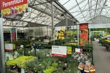 Thumbnail for Greenhouse nursery with various sun perennial plants displayed under glass roof and informative signs.