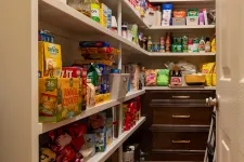 Thumbnail for Organized pantry shelves filled with snacks, canned goods, and kitchen supplies in a well-lit storage room.
