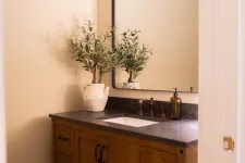 Thumbnail for Rustic wooden bathroom vanity with black countertop, rectangular mirror, light fixture, and potted plant
