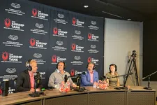 Thumbnail for Panel of four podcasters with microphones on a set branded with The Shrimp Tank and Florida Atlantic Entrepreneurship Institute logos