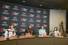 Thumbnail for Four men seated at a podcast panel table with microphones and headphones during The Shrimp Tank event at Florida Atlantic University.
