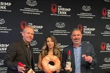 Thumbnail for Three people hold shrimp-themed items in front of a backdrop with The Shrimp Tank and Florida Atlantic Entrepreneurship Institute logos, with overlaid text.