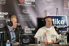 Thumbnail for Two men recording a podcast at The Shrimp Tank event with Florida Atlantic University entrepreneurship backdrop.