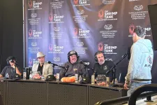 Thumbnail for Podcast recording at The Shrimp Tank with hosts and guest at microphones in studio setting