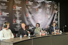 Thumbnail for Four men with microphones and headphones sitting at a panel table during The Shrimp Tank event at Florida Atlantic University.