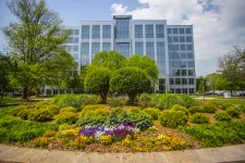 Thumbnail for Modern glass office building behind a landscaped garden with colorful flowers and green shrubs under a blue sky