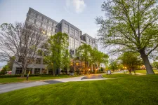 Thumbnail for Modern office building with large glass windows surrounded by green trees and manicured lawn at dusk.