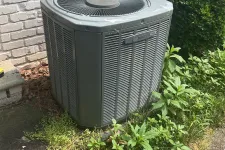 Thumbnail for Outdoor residential air conditioning unit beside a white brick wall with greenery and shrubs nearby.