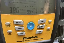 Thumbnail for Fieldpiece 5MAN refrigerant manifold and micron gauge showing pressure readings and control buttons.