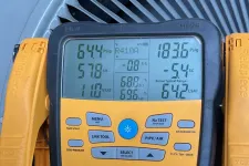 Thumbnail for Sandy Springs Atlanta AC Repair by The Air Company of GA. Digital HVAC manifold gauge with yellow hoses measuring refrigerant pressure and temperature on air conditioning unit fan.
